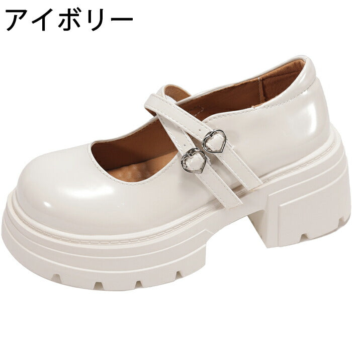 【7日内出荷】【7cmヒール】厚底 メリージェーン レディース 厚底パンプス  ヒールパンプス ダブルストラップ ハートバックル エナメル チャンキーソール ボリュームソール 歩きやすい 疲れにくい 韓国 かわいい 学生 通学 ライブ 黒 オフホワイト 秋冬