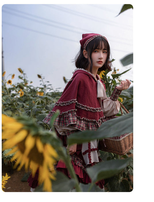 【7日内出荷】赤ずきん ロリータワンピース ワンピース ロリータドレス  マント付き 3点セット 三角巾付き 甘ロリ キュート 原宿 ガーリー 秋 冬