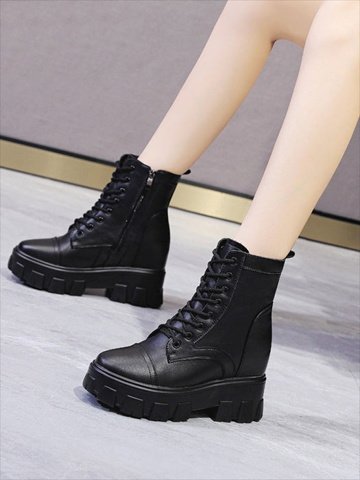 【7日内出荷】ショートブーツ レースアップブーツ レディース 厚底 ブーツ 太ヒール サイドジップ 靴 黒 編み上げブーツ 日常 通勤 美脚 カジュアル ラウンドトゥ おしゃれ 痛くない 履きやすい 柔らかい 幅広 きれいめ シンプル 大人気 春夏秋冬 韓国 仕事 細見え 合皮 裏起毛 メッシュ