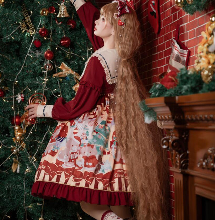 ロリータ ワンピース ゴスロリ ロリータ ドレス 長袖 レディース 女子 可愛い ロリィタ ワンピース クリスマス コスプレ衣装 コスチューム 仮装 リボン lolita 衣装 ゴシック&ロリータ お姫様 ドレス マリン風 ミモレ丈 裾フリル ワインレッド S M L XL