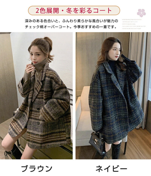 【7日内出荷】チェスターコート レディース アウター コート ジャケット チェック柄 千鳥格子 ミドル丈 ハーフコート ダブルボタン 韓国 秋冬 暖かい 防寒 厚手 きれいめ カジュアル ゆったり 体型カバー おしゃれ 通勤 通学 オフィス デート 女子会