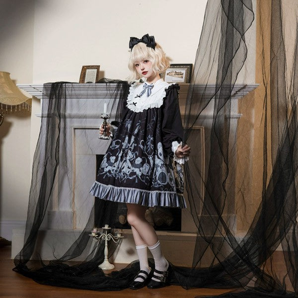 【7日内出荷】ワンピース ロリータ ハロウィン テディベア柄 ショート丈 ミニ レディース 長袖 ゴスロリ ゴシック 秋冬 暗黒風 リボン レー フリル ロリータワンピース コスチューム コスプレ 衣装 可愛い 仮装 パーティー イベント 文化祭 ブラック 黒 S M L