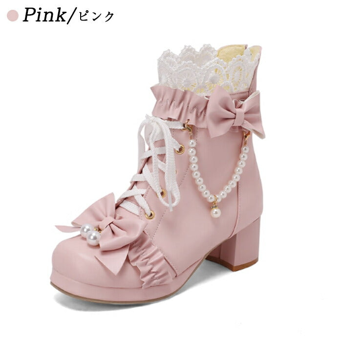 【5cmヒール】ロリータ ブーツ レディース ショートブーツ 甘ロリ お姫様 森ガール ロリィタ靴 レース リボン パール  チャンキーヒール 歩きやすい 疲れない 痛くない サイドジップ おしゃれ かわいい お茶会 コスプレ 発表会 黒 ピンク 白 秋冬