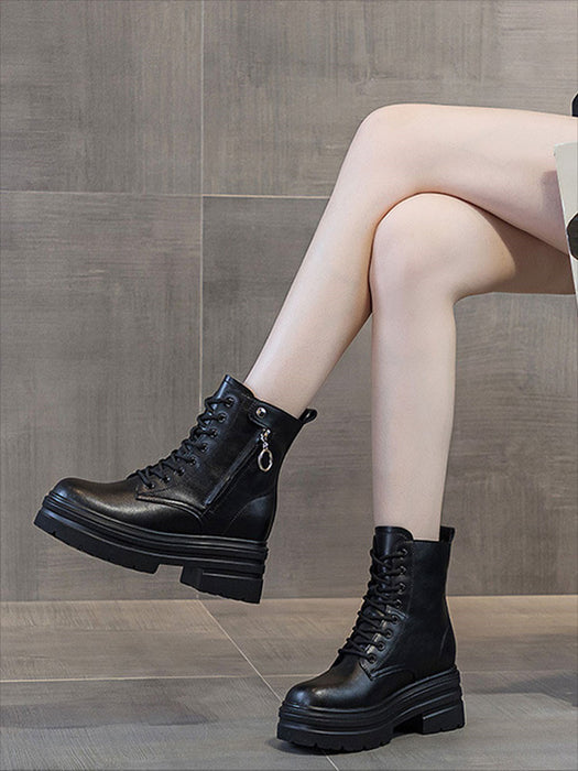 【7日内出荷】ショートブーツ 厚底 ブーツ レディース サイドジップ レースアップブーツ 秋ブーツ 太ヒール 靴 日常 通勤 美脚 カジュアル おしゃれ 痛くない 履きやすい 柔らかい 編み上げブーツ ラウンドトゥ きれいめ シンプル 大人気 春夏秋冬 韓国 仕事 PU 合皮 細見え 黒 ベージュ