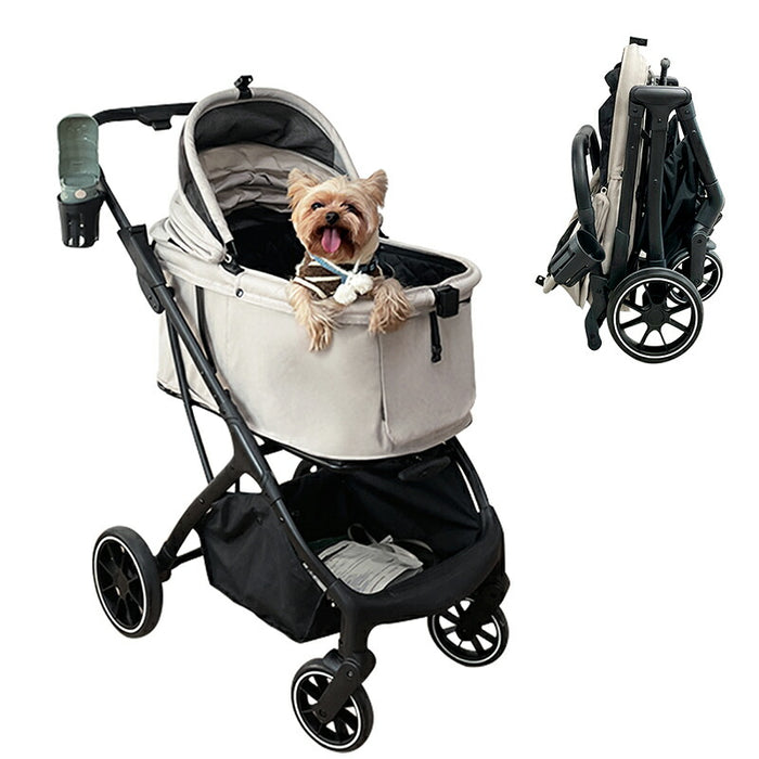 RAKU ペットカート 犬/猫用 小型犬/中型犬 多頭飼い対応 耐荷重約30kg 飛び出し防止リード2本 片手ワンタッチ開閉 キャリーバー付き 折りたたみ式 自立式 前後開閉 取り外し可能カバー 軽量 ポケット付き お手入れ簡単 ブラック/カーキ