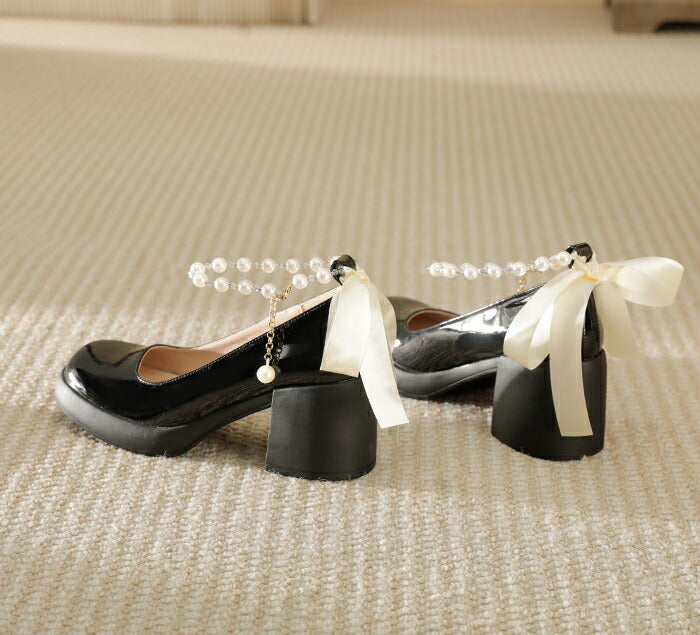 【7日内出荷】【7cmヒール】パンプス パール レディース 太ヒール リボン ウェディング メリージェーン ストラップ 痛くない 歩きやすい 疲れない エナメル 厚底 パーティー お呼ばれ 二次会 入学式 卒業式 おしゃれ  安定感 美脚 白 黒 23.0-25.0cm