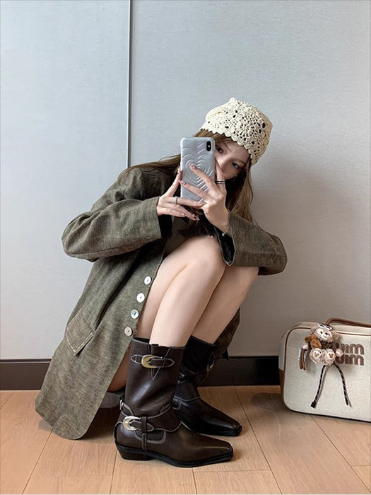 【7日内出荷】【3.5cmヒール 】ウエスタン ショートブーツ レディース ブーツ ウエスタンブーツ パンク系 スクエアトゥ ミドル丈 レザーシューズ PU  チャンキーヒール 太ヒール 安定感 美脚 靴 通学 通勤 おしゃれ 韓国 歩きやすい 疲れない 滑りにくい 大きいサイズ 22cm～25cm 黒 裏起毛 春 秋 冬