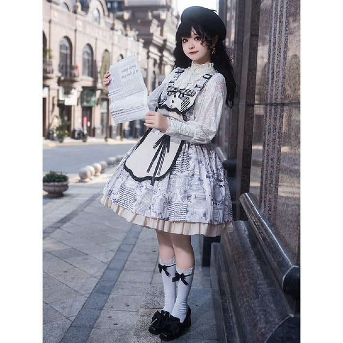 【7日内出荷】ジャンパースカート 女の子 レディース ワンピース ロリータ風 リボン付き doll感 落書き おしゃれ 蝶結び メイド服 レース 森ガール お姫様 地雷系 フリル イベント ハロウィン レトロ クラッシック系 可愛い パーティー lolita