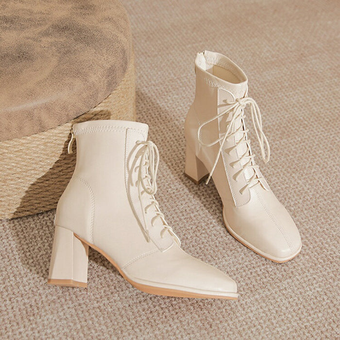 【7日内出荷】【7cmヒール】 ハイカット ショートブーツ レディース レースアップ ブーツ 編み上げ 太ヒール ファスナー付き 靴 女生 美脚 PU 無地 痛くない 履きやすい 歩きやすい 軽量 シンプル カジュアル 通勤 通学 おしゃれ 靴 袴 秋 きれいめ 女性 大人 寒さ対策 冬用 旅行 冬 発表会