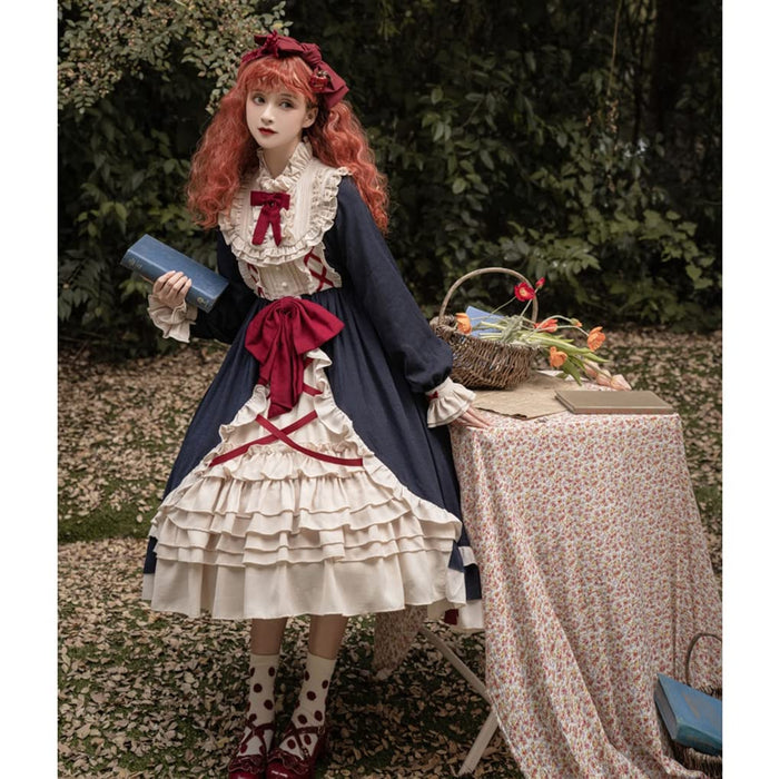 ロリィタ ワンピース スカラップドレス レディース ゴスロリ 長袖ワンピース ダンス衣装 大きいリボン 可愛い イベント ペプラムワンピース 文化祭 姫様 紺色 華ロリ (ネイビー, M)