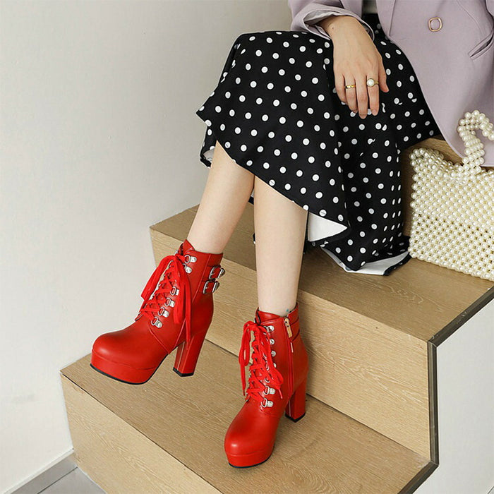 【7日内出荷】【9.5cmヒール】 ショートブーツ レディース サイドゴム レースアップ 高校生 中学生 ブーツ PU レザーシューズ コスプレ cosplay 太ヒール ハイスムース3cm 安定感 厚底 靴 ラウンドトゥ 学生 通学 美脚 大きいサイズ がルーズ グループ 人気