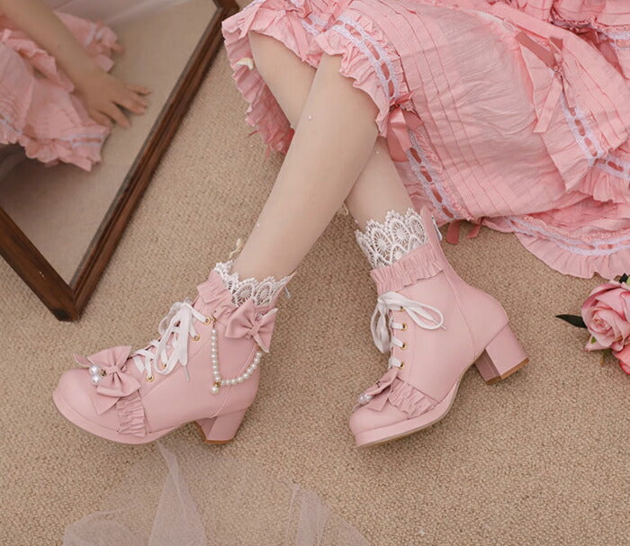 【5cmヒール】ロリータ ブーツ レディース ショートブーツ 甘ロリ お姫様 森ガール ロリィタ靴 レース リボン パール  チャンキーヒール 歩きやすい 疲れない 痛くない サイドジップ おしゃれ かわいい お茶会 コスプレ 発表会 黒 ピンク 白 秋冬