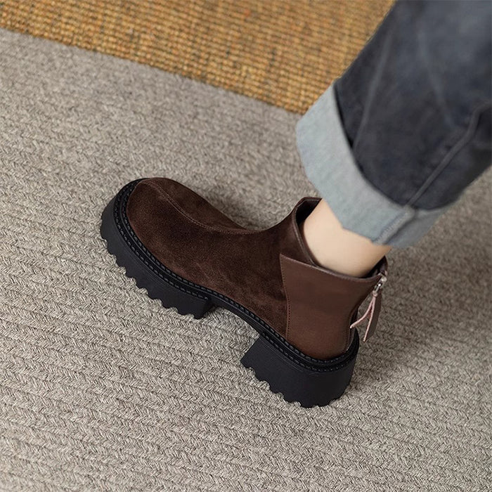 【7日内出荷】【 4cmヒール】ショートブーツ レディース ブーツ 厚底 裏起毛 ヴィンテージ風 バックジッパー スエード PU 4cm ヒール チャンキーヒール 太ヒール 安定感 黒 コンフォート 美脚 靴 通学 通勤 おしゃれ 韓国 歩きやすい 疲れない 痛くない 滑りにくい 大きいサイズ 22cm～24.5cm 春秋冬