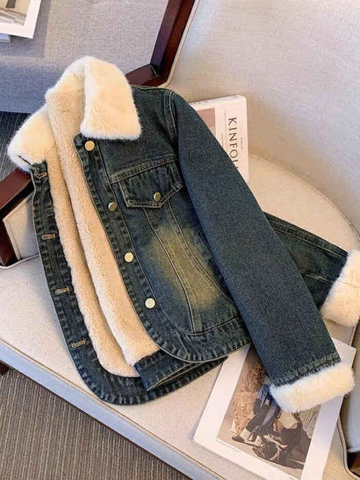 【7日内出荷】デニムコート デニムジャケット Gジャン レディース 裏ボア ファーコート 秋冬 アウター ボアブルゾン ジャケット 防寒 厚手 もこもこ ふわふわ 暖か ショート丈 ボアコート 前開き 襟 ゆったり 体型カバー Gジャン おしゃれ カジュアル