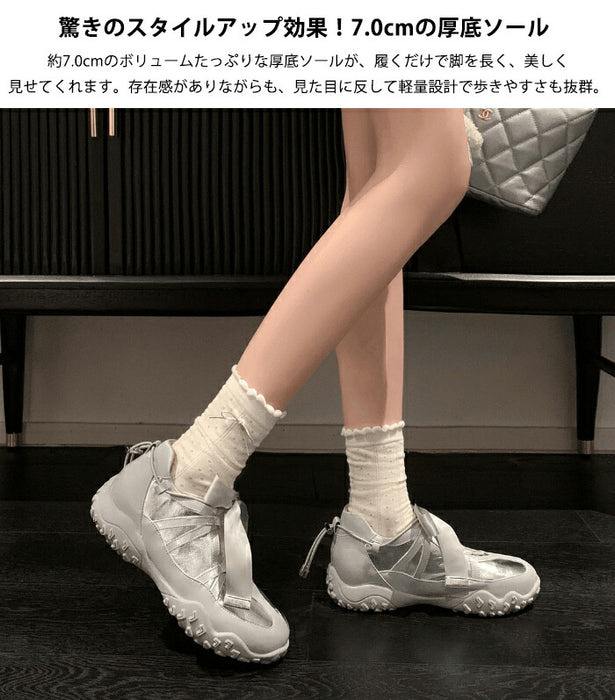 【7日内出荷】【7cmヒール】厚底スニーカー レディース メリージェーン スニーカー バレエ風 リボン ストラップ カットアウト プラットフォーム  ダッドスニーカー 軽量 歩きやすい 疲れない ライブ フェス イベント 黒 白 シルバー オールシーズン 10代 20代