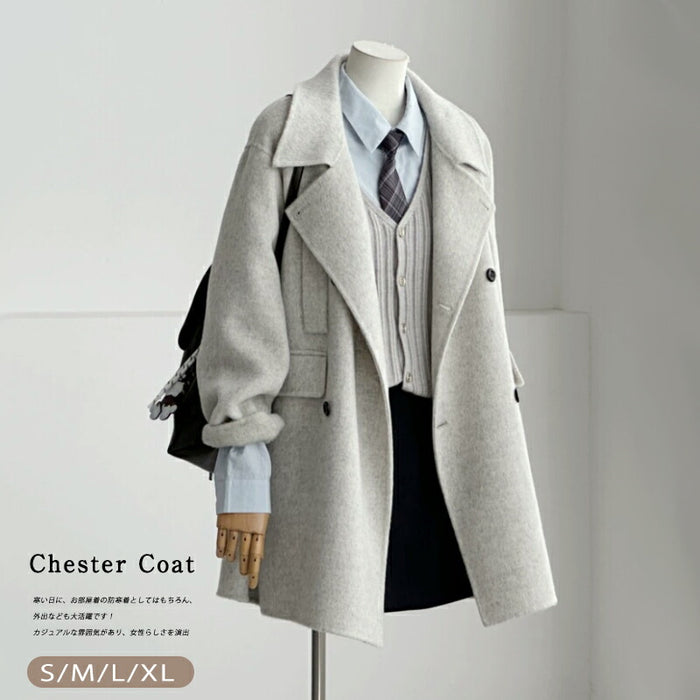 【7日内出荷】チェスターコート レディース アウター コート ジャケット ミドル丈 ダブルボタン 韓国 秋冬 暖かい 防寒 厚手 長袖 テーラード きれいめ フォーマル カジュアル ゆったり 体型カバー おしゃれ M L XL 通勤 通学 オフィス デート グレー