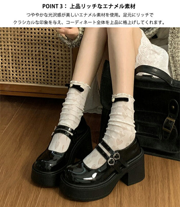 【7日内出荷】【7cmヒール】厚底 メリージェーン レディース 厚底パンプス  ヒールパンプス ダブルストラップ ハートバックル エナメル チャンキーソール ボリュームソール 歩きやすい 疲れにくい 韓国 かわいい 学生 通学 ライブ 黒 オフホワイト 秋冬
