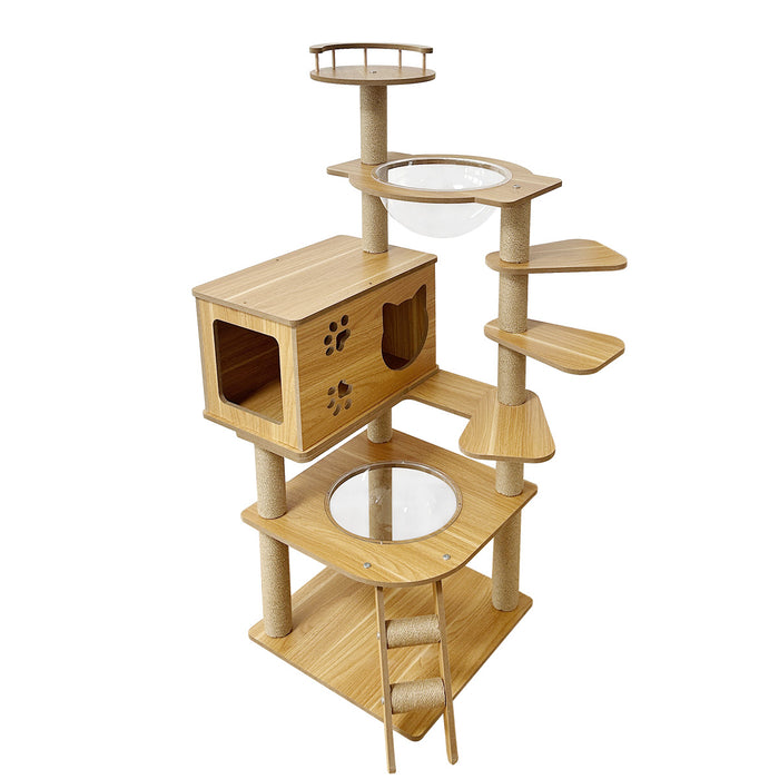 RAKU キャットタワー 木製 高さ約103.5cm 多ステップ 階段付き ホワイトコットン支柱 爪とぎポール 柵つき展望台 猫ハウス 宇宙船 四角型土台 角丸加工 掃除簡単 シニア猫/太った猫/短足猫/子猫