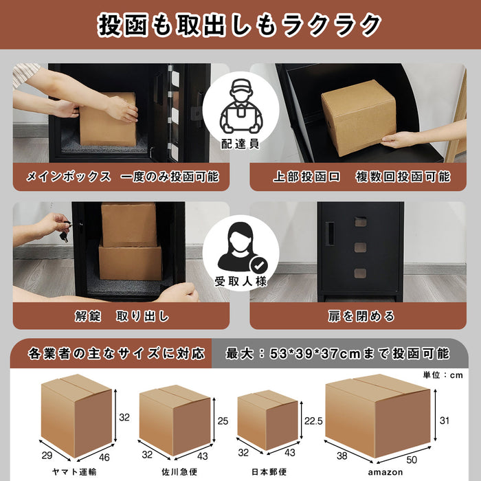 RAKU 宅配ボックス 屋外 130L 大容量 ポスト一体型 複数投函可能 防犯 防水 防錆 防塵 両開きドア 組み立て不要 簡単設置 一戸建て 荷物受け 盗難防止   個人宅用 マンション共用部