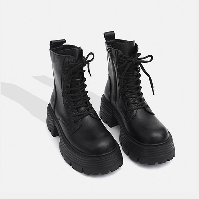 【7日内出荷】【6.5cmヒール】レディース ショートブーツ 厚底  太ヒール ブーツ くつ 靴 スエード PU レザーシューズ 安定感 美脚 黒 ブラウン 裏起毛 春 秋 冬 サイドゴム レースアップ おしゃれ 韓国 歩きやすい 疲れない 滑りにくい 大きいサイズ 22cm～25cm 中学生 高校生 通学 通勤