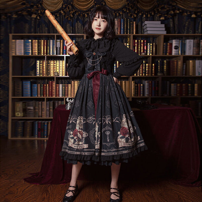 復古風 キャミワンピース ロリータワンピース ロリータドレス 袖なし 甘ロリ 鳥籠柄 ナイチンゲール&バラ フリル リボン 原宿 ガーリー オリジナルデザイン