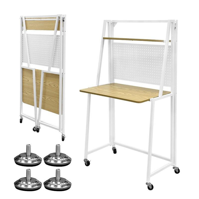 RAKU 書斎机 学習机 折り畳みテーブル 上棚付き 本棚 収納力抜群 組立不要 天板73.5×48cm キャスター 固定脚 角丸加工 耐久性 パソコンデスク PCデスク