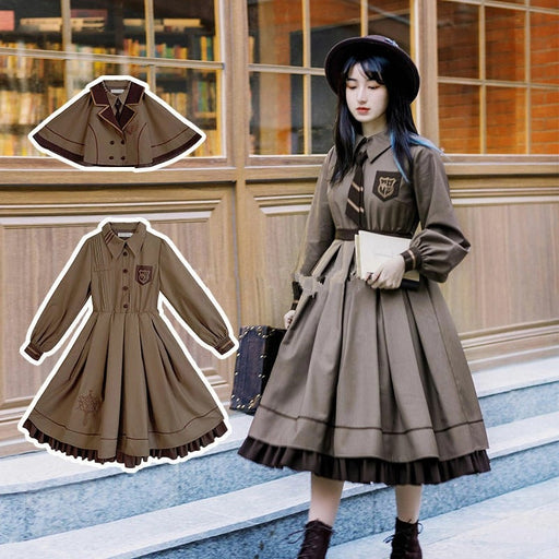 【7日内出荷】3点セット ロリータワンピース 長袖ワンピース ロリータドレス lolita マント付き ネクタイ付き 甘ロリ 可愛い 原宿 レディース ガーリー 春秋冬 S/M/L