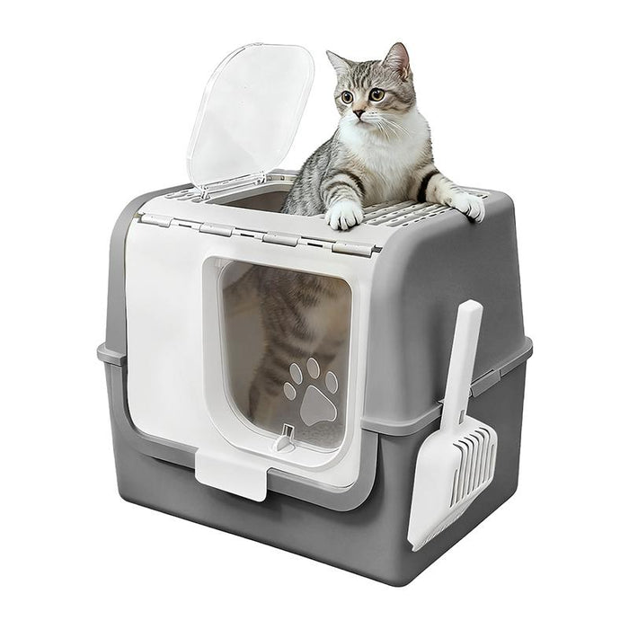 RAKU 猫トイレ ネコトイレ ダブル脱臭 砂の飛び散り防止 2WAY出入り方法 35*42*33.5cm 掃除しやすい スコップ付 大容量 優れた耐久性 猫用トイレ 上から猫トイレ