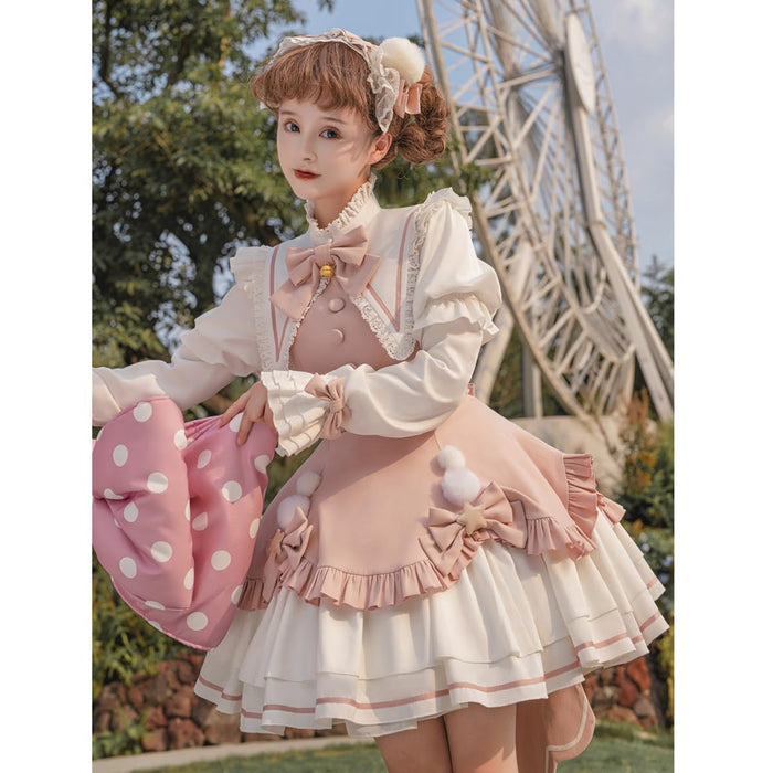 lolita ワンピース 姫 蝶結び鈴 ゴスロリ 女の子 ガールズ フリル ペプラムスカート レース 姫袖 森ガール お姫様 長袖 ロリータ風 女装 可愛い 大きいリボン 茶話会 仮装 クリスマス