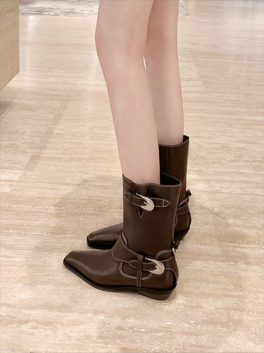 【7日内出荷】【3.5cmヒール 】ウエスタン ショートブーツ レディース ブーツ ウエスタンブーツ パンク系 スクエアトゥ ミドル丈 レザーシューズ PU  チャンキーヒール 太ヒール 安定感 美脚 靴 通学 通勤 おしゃれ 韓国 歩きやすい 疲れない 滑りにくい 大きいサイズ 22cm～25cm 黒 裏起毛 春 秋 冬