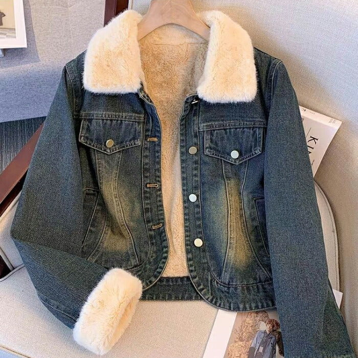 【7日内出荷】デニムコート デニムジャケット Gジャン レディース 裏ボア ファーコート 秋冬 アウター ボアブルゾン ジャケット 防寒 厚手 もこもこ ふわふわ 暖か ショート丈 ボアコート 前開き 襟 ゆったり 体型カバー Gジャン おしゃれ カジュアル