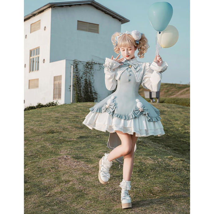 lolita ワンピース 姫 蝶結び鈴 ゴスロリ 女の子 ガールズ フリル ペプラムスカート レース 姫袖 森ガール お姫様 長袖 ロリータ風 女装 可愛い 大きいリボン 茶話会 仮装 クリスマス