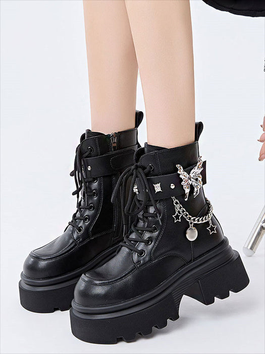 【7日内出荷】ショートブーツ 厚底 レースアップブーツ レディース 太ヒール パンク風 チェーン付き 編み上げ おしゃれ 秋ブーツ ラウンドトゥ 靴 痛くない 履きやすい ゆったり サイドジップ シンプル 美脚 人気 春夏秋冬 韓国 通勤 合皮 原宿系 細見え 黒 青 ハロウィン ロック ゴスロリ