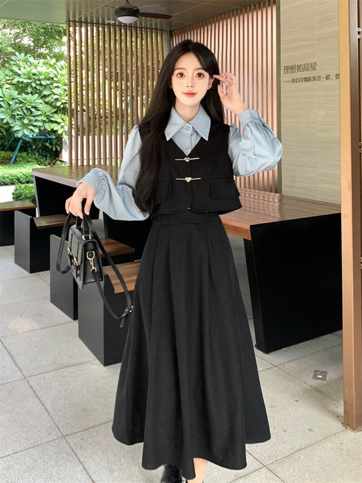 【7日内出荷】ワンピース ロングワンピース 切り替えワンピース Aライン ワンピ ロングワンピ ロング マキシワンピース 襟 無地 きれいめ シンプル マキシ レイヤード風 長袖 大きいサイズ 襟付き重ね着風 秋 冬