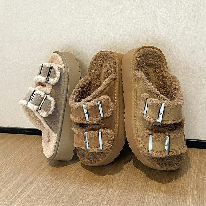 【7日内出荷】【 5cmヒール】厚底ボアサンダル レディース ファーサンダル ボア もこもこ 5cmヒール 歩きやすい つっかけ 暖かい 冬用サンダル 防寒 痛くない ダブルベルト 秋冬ルームシューズ 外履き 室内履き オフィス 20代 30代 シューズ 靴 ブラウン グレージュ