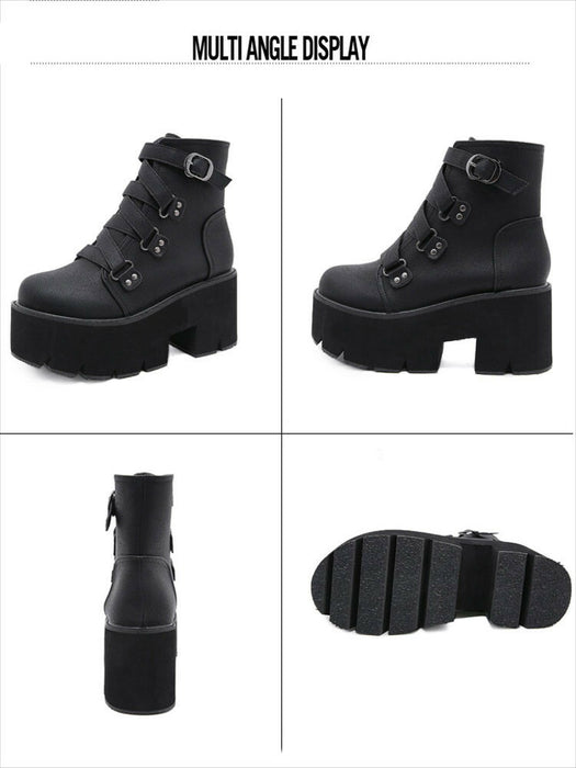 【7日内出荷】【8cmヒール 】ショートブーツ レディース 厚底 秋ブーツ 黒 日常 通勤 レースアップブーツ 靴 編み上げブーツ おしゃれ 痛くない 履きやすい 柔らかい カジュアル ゆったり ラウンドトゥ 太ヒール きれいめ 人気 クール 春夏秋冬 ダンスシューズ  韓国 仕事 合皮 原宿系 細見え