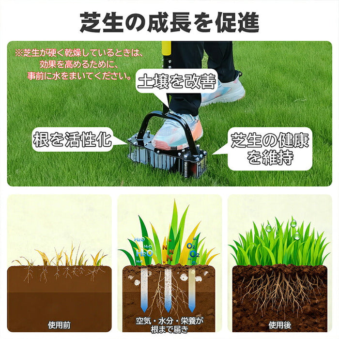 RAKU 芝生スパイク 芝生のエアレーションスパイク 17本金属製スパイク付き 穴あけ 土、庭、芝生の通気 土壌改良 芝生 復活 育成 促進 エアレーション機器 ガーデニング  お庭 庭園 園芸用 エアレーション作業 ガーデンスパイク