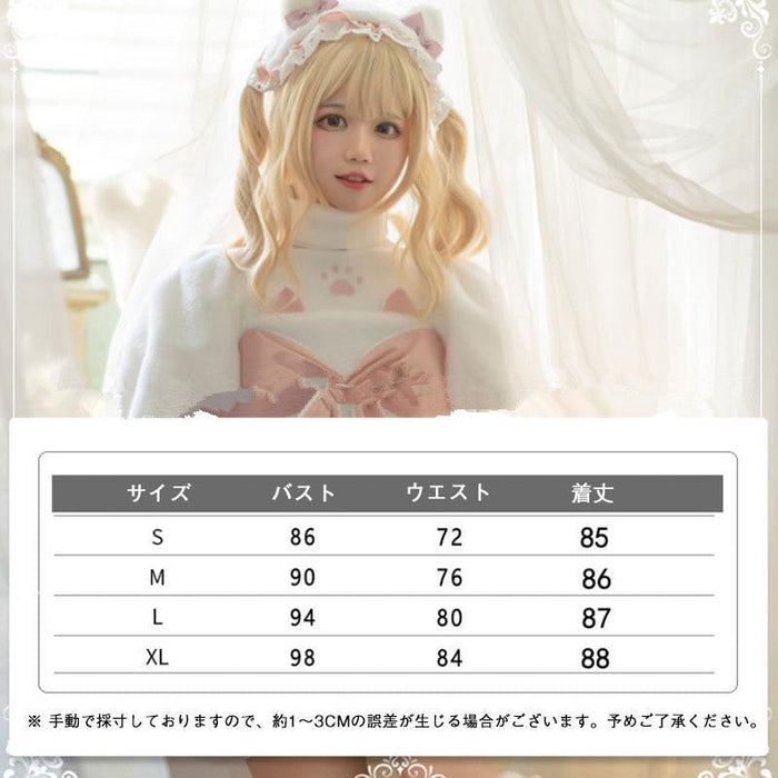 【2点セット】ロリータ ワンピース 半袖 秋冬 あったか ボア 甘ロリ 肉球 ネコ 猫耳 リボン ゆめかわ もこもこ 姫系 防寒 冬 モコモコ 日系 ソフトガール 可愛い ロリータ パフスリーブアウター 冬服 女