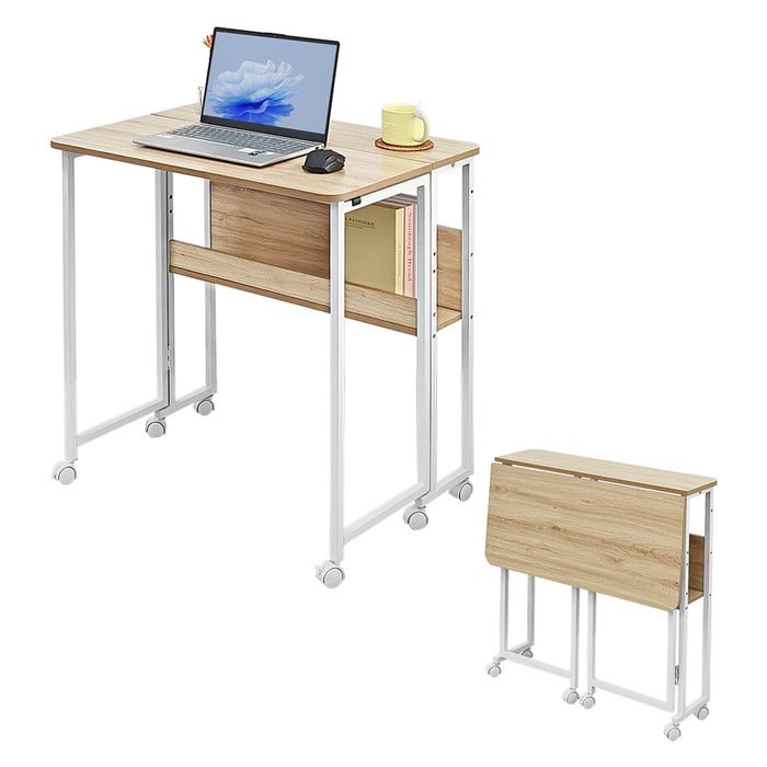 RAKU 折りたたみデスク パソコンデスク 木製 キャスター 収納付き 棚 幅80 モニターアーム取付可能 省スペース コンパクト スリム W80×D59×H79.5cm 学生 子供 勉強机 折りたたみテーブル  デスク サイドテーブル pcデスク 学習机