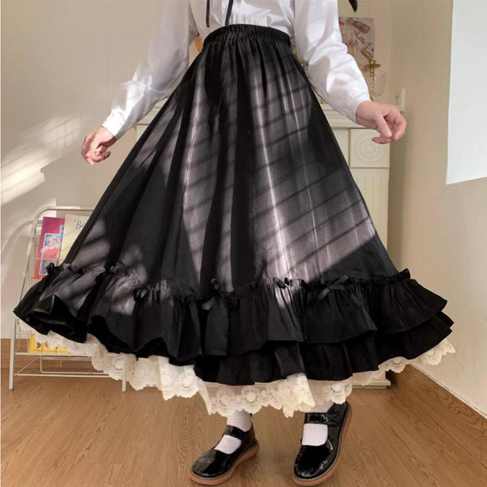 【7日内出荷】【S～2XL】スカート ふんわり ロリータ風 ガーリー ロング丈 ロングワンピース レディース スカート 森ガール スカート フェミニン ロリータ かわいい レース 黒 白 可愛い プレゼント ギフト ボトムス 大きいサイズ 体型カバー ゆったり ウエストゴム