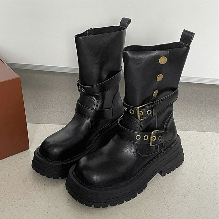 【7日内出荷】ショートブーツ レディース 厚底 エンジニアブーツ 太ヒール 美脚 韓国 通勤 ブーツ おしゃれ ラウンドトゥ 秋ブーツ 靴 カジュアル 痛くない 履きやすい 柔らかい ジョッキーブーツ 幅広 ゆったり きれいめ シンプル 人気 春夏秋冬 仕事 PU 合皮 原宿系 細見え 黒 ブラウン