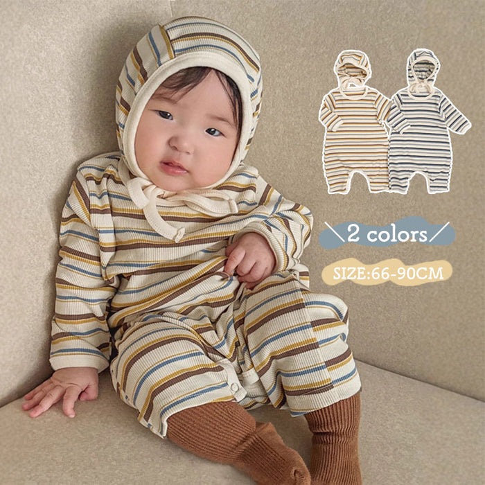 【7日内出荷】【2点セット】ベビー ボーダー ロンパース  女の子 男の子 長袖 ベビー服 肌着 カバーオール 退院 出産祝い 子供服 オールインワン おしゃれ ハット付き ベビー キッズ 赤ちゃん ルームウェア パジャマ 写真撮影 退院着 お食い初め 百日祝 100日祝