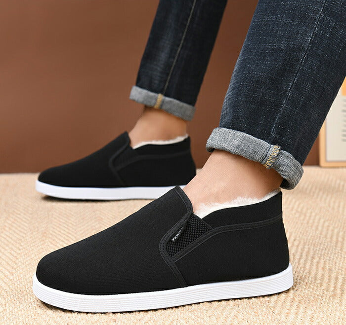 【7日内出荷】スリッポン メンズ 裏ボア スニーカー 暖かい あったか 歩きやすい 軽量 防寒 保温  サイドゴア 履きやすい 脱ぎ履きしやすい カジュアルシューズ モカシン シンプル ムートン 普段履き おしゃれ 秋冬 大きいサイズ 27.0cm 黒 ブラック