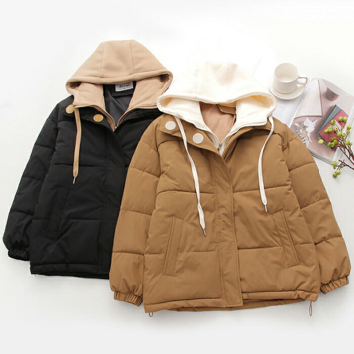 【7日内出荷】中綿ジャケット レディース レイヤード風 アウター 中綿コート 秋冬 ジャケット ダウンジャケット ブルゾン パーカー フード付き バイカラー 韓国 きれいめ カジュアル 大人可愛い ゆったり 体型カバー 高見え おしゃれ 暖かい 防寒 軽量