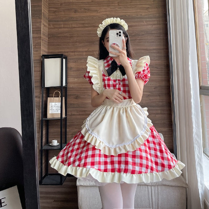 【7日内出荷】4点セット　チェックメイド服 ミニ丈 メイド喫茶 メイドコスチューム ジャパニーズメイド ミニスカ ハロウィン 衣装 仮装 パーティ コスプレ フルセット 可愛い 萌え