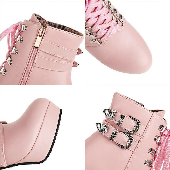 【7日内出荷】【9.5cmヒール】 ショートブーツ レディース サイドゴム レースアップ 高校生 中学生 ブーツ PU レザーシューズ コスプレ cosplay 太ヒール ハイスムース3cm 安定感 厚底 靴 ラウンドトゥ 学生 通学 美脚 大きいサイズ がルーズ グループ 人気