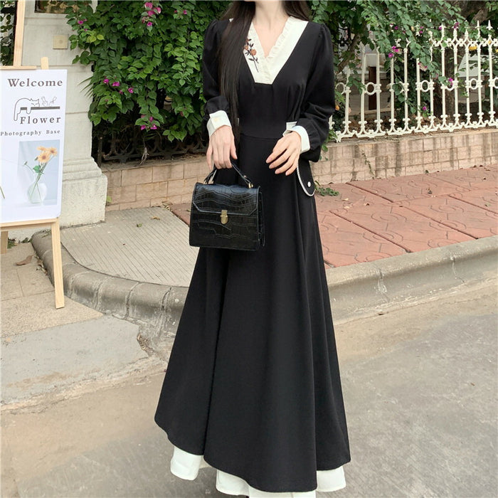 【7日内出荷】ワンピース ロングワンピース 刺ワンピース Aライン ワンピ ロングワンピ ロング マキシワンピース vネック 無地 きれいめ マキシ レイヤード風 長袖 大きいサイズ 重ね着風 秋 冬