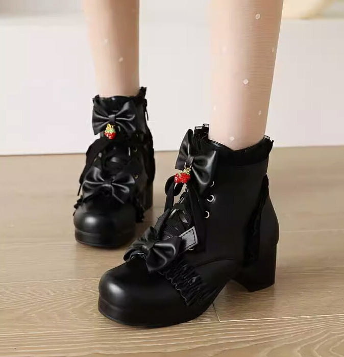 【5cmヒール】ロリータ ブーツ 厚底ブーツ レディース キッズ 子供 靴 ショート丈 編み上げブーツ お姫様 お嬢様 ロリィタ いちご リボン レース  太ヒール 歩きやすい 痛くない サイドジップ かわいい 七五三 コスプレ お茶会 発表会 黒 白 秋冬