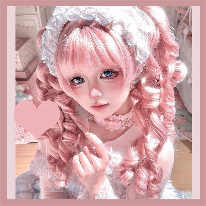 【7日内出荷】ロリータ ウィッグ ピンク ツインテール ロングカール 三層カール 前髪あり 耐熱 高品質 フルウィッグ 自然 ふんわり ヘア レディース コスプレ ハロウィン 撮影 イベント おしゃれ 可愛い