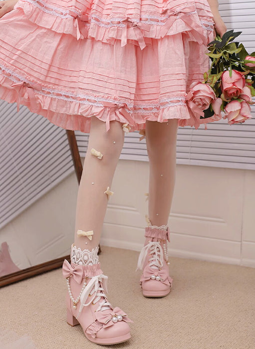 【5cmヒール】ロリータ ブーツ レディース ショートブーツ 甘ロリ お姫様 森ガール ロリィタ靴 レース リボン パール  チャンキーヒール 歩きやすい 疲れない 痛くない サイドジップ おしゃれ かわいい お茶会 コスプレ 発表会 黒 ピンク 白 秋冬